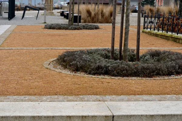 stock image wire circular benches park furniture in winter. sintered gravel with the help of a vibrating roller. The permanently pleasant park surface of the historic square. levanula beds in the middle of the be