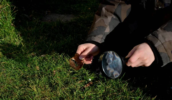 Rough Boys Playing Bushcraft Start Fire Magnifying Glass Focus Lens — Stock Photo, Image