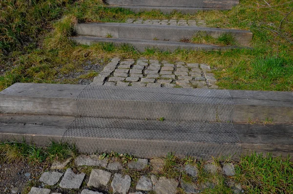Escalones Madera Parque Combinado Con Pavimentación Césped Las Vigas Escalera —  Fotos de Stock
