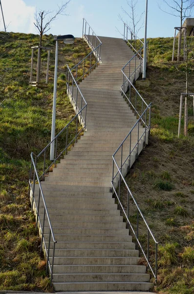 陡峭的草质锯齿状斜坡上的楼梯会缩短和减少陡峭的坡度 城市建筑 带有灰色管状栏杆 草地和新种植的树木在斜坡上 它不是轮椅可以到达的 — 图库照片