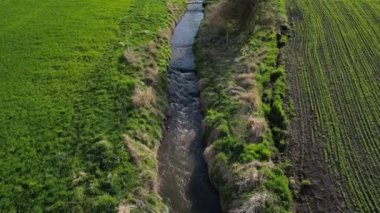 Sel basmış bir akarsuda ülkeyi boydan boya geçmek. İnce aralıklı tahta zeminli yaya köprüsü. Dar bir kanalda büyük su, manzara üzerinde video uçuşu. tohum yoğunluğu