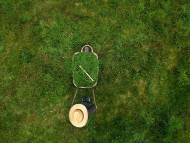 Hasır şapkalı bahçıvan çim biçme makinesinin sepetini el arabasına attı. Güzel yeşil bahçe bakımı. Bir adam meyve bahçesinin yüzeyine bakan bir araba sürüyor.