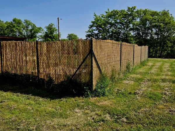 reed mat mats connected with wire mesh. attach to the wire fence and create a visual barrier from the neighbors. natural shading blinds let in little sunlight. renewable, sustainable pergola building