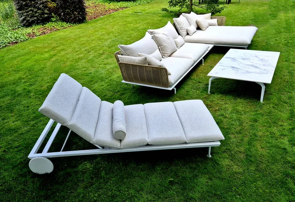 Modern Garden Furniture Villa Sofa Lounger Dining Table Soft Cushions Royalty Free Stock Photos