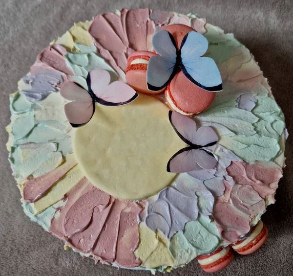 Kreis Kuchen Mit Kokosraspeln Und Makronen Dessert Für Meine Damenparty — Stockfoto