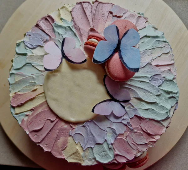 Kreis Kuchen Mit Kokosraspeln Und Makronen Dessert Für Meine Damenparty — Stockfoto