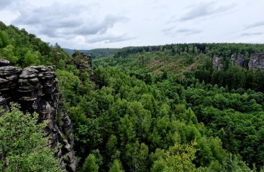Su tarafından aşınan kaya kuleleri ve rüzgar yavaş yavaş aşağıdaki ormanlara doğru çöküyor. Yırtıcı çökeltilerle kaplı katmanlı kumtaşları tuhaf kaya oluşumları oluşturur.