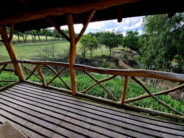 the observation terrace is a haven for game watchers in the reserve. a cozy pergola made of roughly processed beams from acacia branches. the railing is netted around the fence,