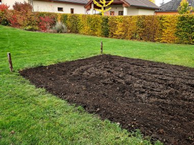 İlkbahar için çiçek yatakları hazırladım. Kış boyunca sadece çilek. Bahçe güzel bir çim ve dikdörtgen çiçek yatakları ile hazırlanan yüksek kaliteli toprak