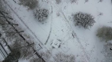 Parktaki çit, bir peyzaj mimarı tarafından kahverengi ahşaptan yapılmış yeni bir pergola. Hornbeam çitleriyle kaplı. Banklar sarmaşıkların altında, hepsi kar, çöp tenekesi, sokak, çöp, kaplanmış