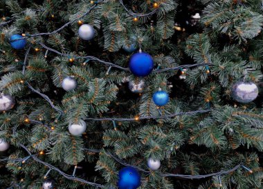 Parlak ve buzlu camdan yapılmış mavi dişli modern Noel ağacı. Detaylara göre iğneler ve dallar plastik ve kablolardan oluşuyor.