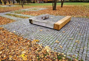 Bir tahta parçası prizma parkı bankının kahverengi ayak izlerini beton dikdörtgenleri çimlere, kaldırıma, sonbahara boyamış.