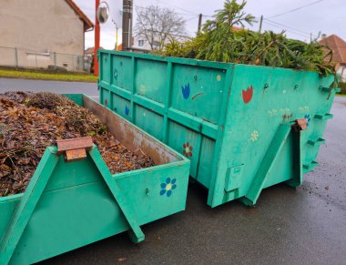 tin container for storing biowaste from a gardening company branches of leaves and cut grass open iron painted green strongly stinks, flower, bird paint, lock, locked, ladder