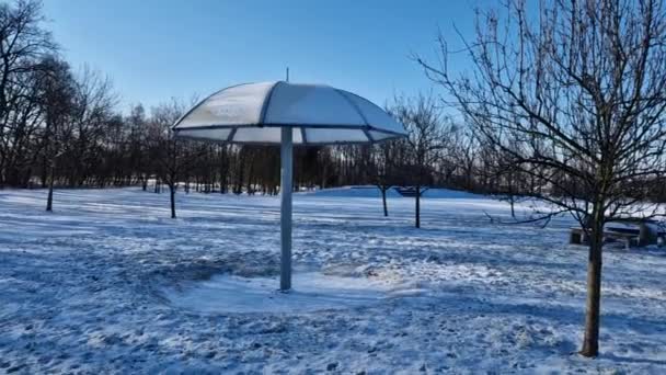 金属およびプラスチック ポリカーボネート材料から成っている公園のパラソル そこから傘の形が雨を降らせる 水は透明な屋根から流れ出る 人々は公園 雪でさわやかです — ストック動画