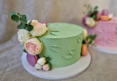 Daire, rendelenmiş hindistan cevizi ve badem kurabiyesi. Leydimin partisi için tatlı. Üzerinde hindistan cevizi kabuğu var. Kayısı renginde krema ve şam fıstığı pastel tonları, kenar, tutkal, sopa, sarı