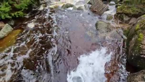 Бушующие Элементы Воды Горной Реке Поврежденная Снесённая Деревянная Мачта Смыта — стоковое видео