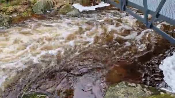 Wütende Wassermassen Einem Gebirgsfluss Der Beschädigte Und Abgerissene Holzmast Wurde — Stockvideo