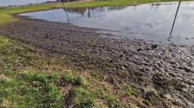  Parktaki su dolu toprak, bahar yağmurundan su almıyor. Yetersiz infaz edilmiş drenaj ya da çatlak otomatik sulama boru hattı bir sel yaratmış, yol kenarında bir trafik kazası.