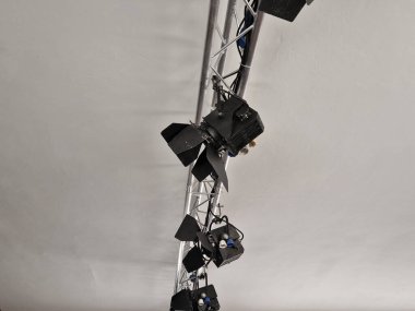 column with special lighting for scenic lighting of public and historic buildings in city. Halogen lamps have side flaps that shade so that they do not dazzle other people, drivers and neighborhood