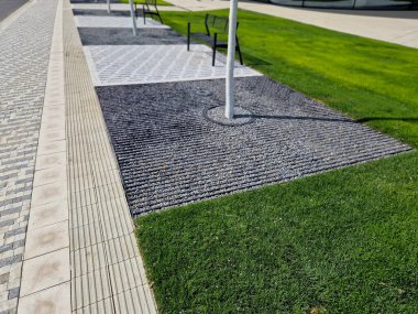 Toprağı hazırlamak, çim ekmek için toprağı tartmak. Yeni dikilmiş ağaçlar üç kazıkla güvenceye alınır. Çim, çimen, yeşil