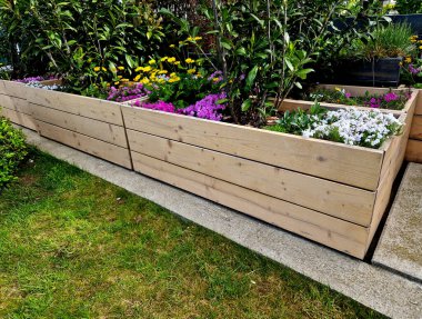 Doğal ladin tahtalarından yapılmış çiçek saksıları. Şirketin önündeki otoparkta, mağazanın yanındaki terasta müşteriler için bir park yeri var. kaya bitkileri ve çalılar