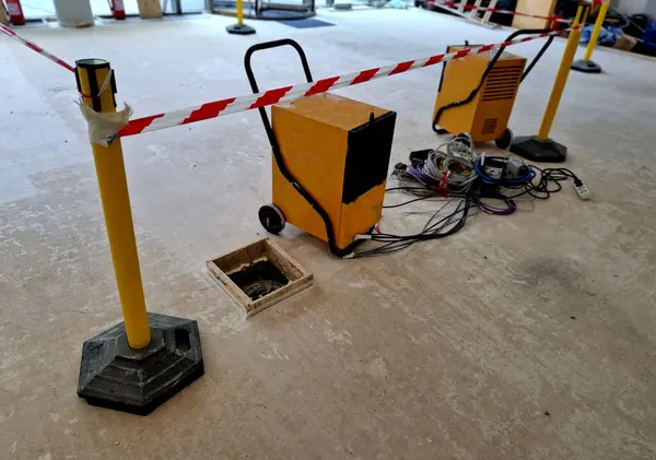 Asciugare Pavimento Cemento Con Essiccatoi Elettrici Accelera Progresso Dei Lavori Foto Stock