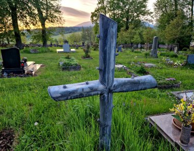 the beauty of blacksmithing in old rural cemeteries metal, brass and copper poppy flowers, balls, walled lattice lamps and inscriptions disappear under layers of rust clipart