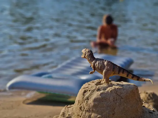 Stock image while the children are swimming in the lake on an inflatable raft on the shore, a small tyrannosaurus hatched from an egg in the sand and jumped on the children's castle.