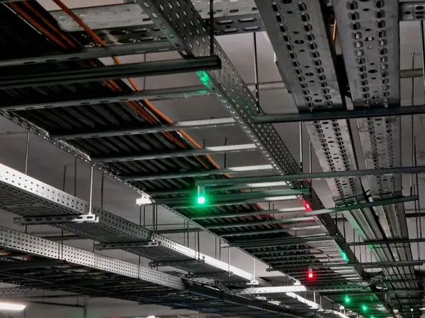 stock image parking garage with indication of occupancy. led lights indicate free or occupied places just by looking at the bulb, emergency, road sign, roof, ceiling, garage parking, exit