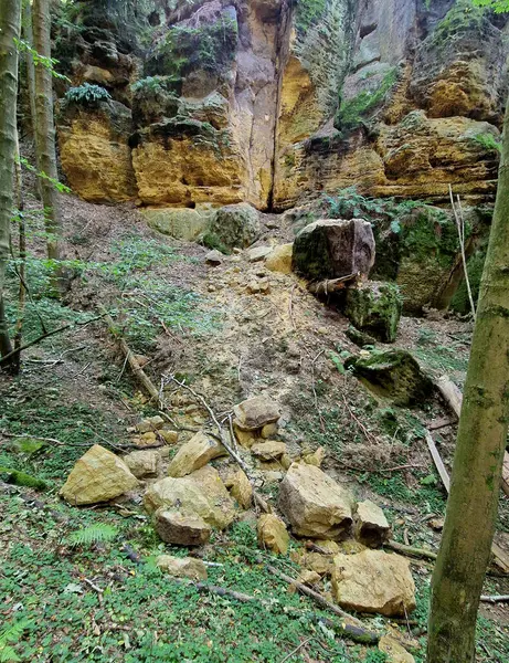 stock image the rocks have moved down into the forest ravine due to the rains. fresh rock without moss must be transported and stabilized.