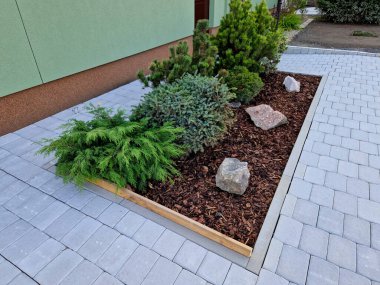 Bahçenin girişi dekoratif ahşap bir çitle çevrili. Arkadan bir kabloyla bağlanmış. Sonbahar güneşinde çiçekler ve taşlar açar..