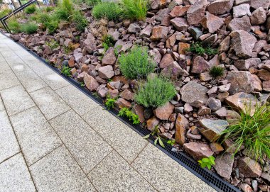 Oturan bir bankla aynı anda parka giden beton merdivenler. Gri çimento pürüzsüz parlak çimento yüzeyi. Granit küpler harman yolu döşüyorlar. Bitkilerle kaplanmış. geniş