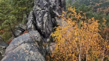 Yürüyüşçüler sonbahar ormanlarının ve çayırların üzerinde dar bir tepe boyunca yürürler. Kaya çıkıntıları arasında giden yollar ve köprüler