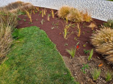 Çiçek saksıları çiçek tarlasının yüzeyine yayılır. Küçük plastik ekiciler, bahçıvanların yardımıyla toprağa gömülüyor. daimi karışımın hazırlanması
