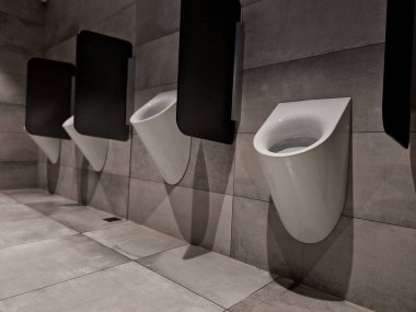 Cam bölmelerle ayrılmış tuvaletler. Hafif fayanslı oda. Bazı erkeklerin başkalarının önünde utanma sorunu olabilir. Bu yüzden birlikte işeyemezler..