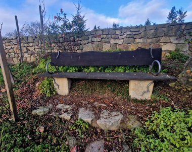 Demir işlemeli, detaylı bir yılan bankın etrafına sarılmış. Vücudun yayı ile bir kolluk oluşturur.