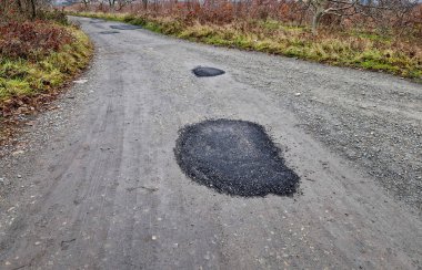 repairing a dirtroad with asphalt is against all regulations. two disparate materials never join together. compliance with road maintenance work procedures, banner, advertisement, driver clipart