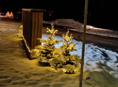 decent decoration of trees and bushes near the parking lot, driveways are covered with snow. shines and pleasantly illuminates the surroundings. a trend that children love clipart