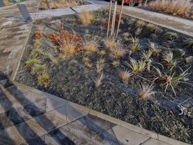 Kare ve çikolataları korumak için taş bloklar. Tramvay platformunun kaldırımlarındaki küpler arabaların girişinden korunuyor. Uzun ömürlü yatak soğurma depresyonunda emici alan