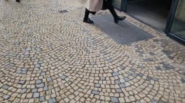 industrial mat cleaning zones at the entrance to the building. A black plastic-metal mat in the shape of an arch or half-circle lies on the limestone mosaic tiles, granite, cube, cobblestone, office
