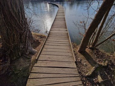 Tahtadan yapılmış yüzen bir yürüyüş yolu. Göl suyunun üzerinde, dibe doğru giden dar kavisli patikalar. Korkulukları yok. Her bir dairesel tahtadan yapılmış daha fazla tasarım yürüme yolu. sonbahar 