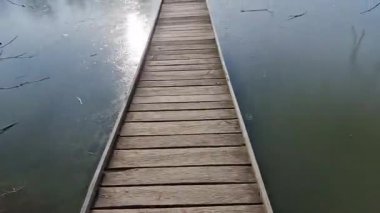 Tahtadan yapılmış yüzen bir yürüyüş yolu. Göl suyunun üzerinde, dibe doğru giden dar kavisli patikalar. Korkulukları yok. Her bir dairesel tahtadan yapılmış daha fazla tasarım yürüme yolu. sonbahar 