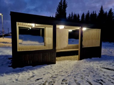 Otobüs durağındaki kırmızı külah şapkalı cüce cin. Bir maskeli balo ya da liputian partisi. Büyük pencereli, çizgili ahşap kaplama bir ev ve sıcak gece ışıkları. Halüsinasyon, sürüş