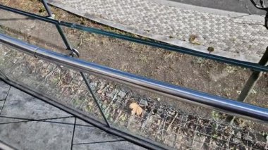 Cam, camı delmek için tasarlanmış vida ve çamaşır makineleriyle duvara tutturulmuş. Kaplama bir tırabzan ve hava bölümüdür. İstasyon, sokak, lüks.