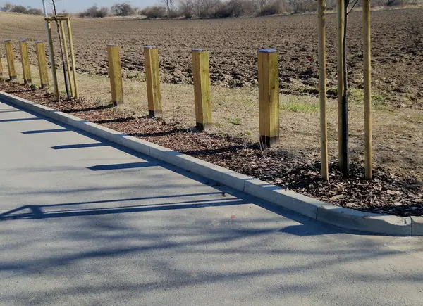 Tahta kirişlerden yapılmış kalın çizgiler. Araç girişine karşı önlem alan doğal park. Bollardın tepesinde metal bir çatı vardır.