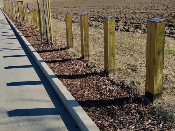 Tahta kirişlerden yapılmış kalın çizgiler. Araç girişine karşı önlem alan doğal park. Bollardın tepesinde metal bir çatı vardır.