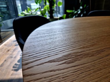 Yuvarlak masalı toplantı odası ve tropik ahşap kaplamalı derin oyuklar. Hoş yayılmış ışık ve kapalı alan bitkileri