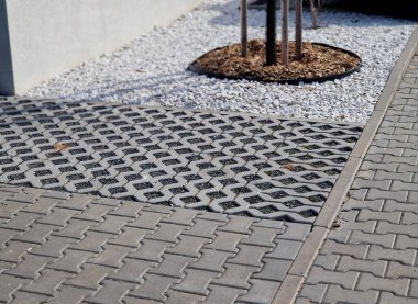Yeni bir yerleşim alanına park ve ağaç dikme. Kaldırım taşları suyu emer ve ağaç da çakıl taşları ve odun parçacıklarıyla samanlaşır. Plastik kaldırım