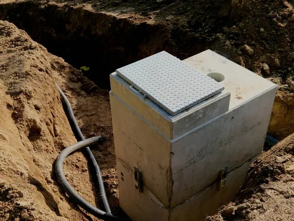 Siyah yalıtımlı asfalt boyayla boyanmış beton tankların yerleştirilmesi. Halka girişleri araziye bakıyor aksi halde her şey yeraltında. yağmur suyu muhafaza tankı