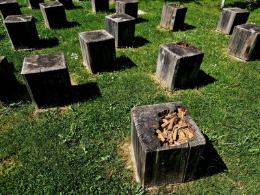 three round benches in the park. the grill is in the middle of sitting. large wood-paneled crescent moon in a meadow under a pergola. massive wooden blocks, terrace, plank, stripes, striped, board